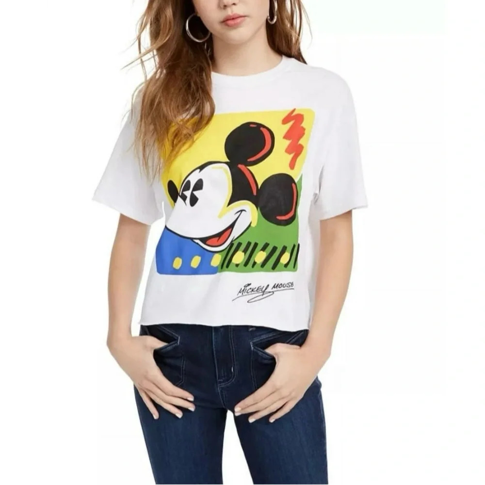 Disney Juniors' Cotton Mickey Mouse Graphic Print Crop T-Shirt White Size X-Smal